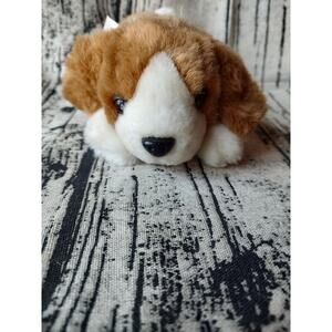 vtg Baby Beagle Dog Plush Beanbag Soft Stuffed Toy 8in Brown White Pink Bow